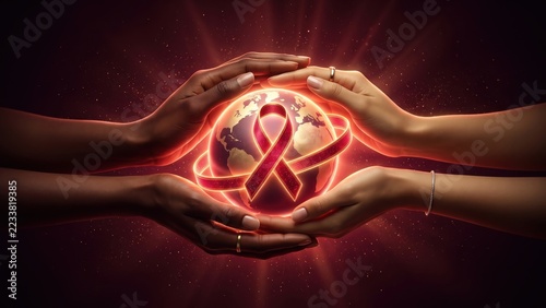 Hands Holding Earth with Red Awareness Ribbon – Global Health Solidarity.