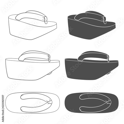 Set of black and white illustrations with traditional Japanese footwear, geta okobo. Isolated vector objects on white background.