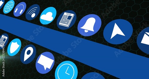 Displaying central diagonal blue band and floating circular app icons over dark hex grid