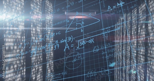 Projecting holographic grid and handwritten formulas over glass panel at night, with skyline digits