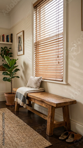 Cozy rustic wooden bench by sunny window with plant and blanket indoor home decor