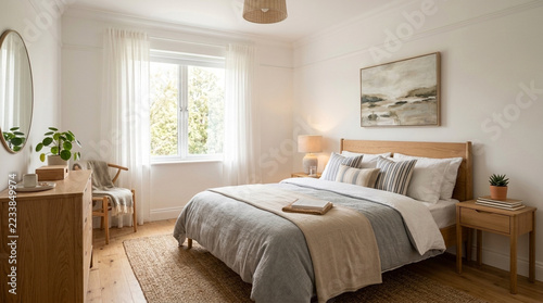 Cozy Scandinavian Bedroom Interior with Natural Light Wood Accents and Neutral Tones