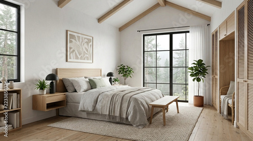 Cozy Scandinavian Bedroom with Forest View