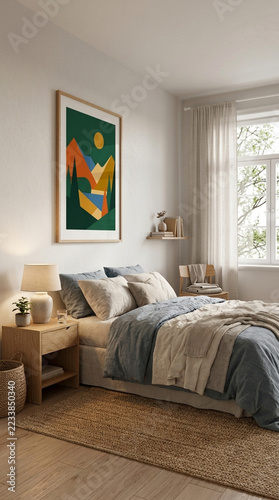 Cozy Scandinavian Bedroom with Geometric Mountain Art and Natural Textures