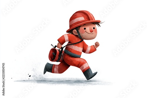 Cartoon Emergency Responder Running at Full Speed in Red Helmet with Equipment Bag, Energetic Painterly Rescue Illustration on White Background