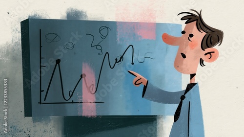 Cartoon Nuclear Power Plant Operator Pointing at Monitor with Unstable Data Graph, Quirky Painterly Illustration on Cream Paper Background