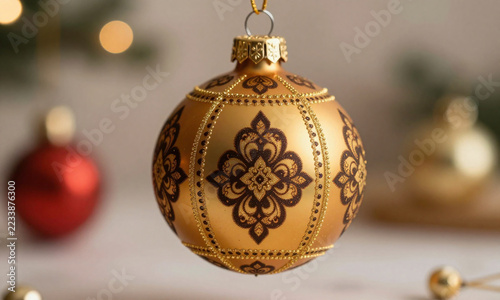 shot golden decorated christmas ornament showcasing intricate traditional indonesian batik parang patterns soft warm