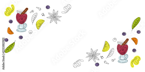 Corner frame border of different spices and berries, citrus slices and mulled wine Copy space Banner. Isolated Vector illustration on white with a blank panel for winter menus Party invite or greeting
