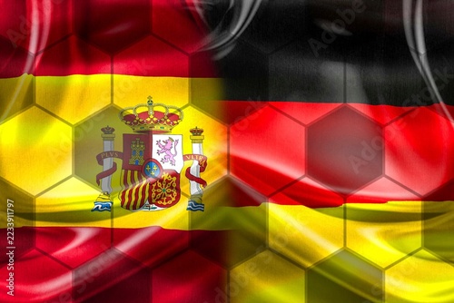 Fotografie A flag of Spain and Germany split down the middle before a football match in a m