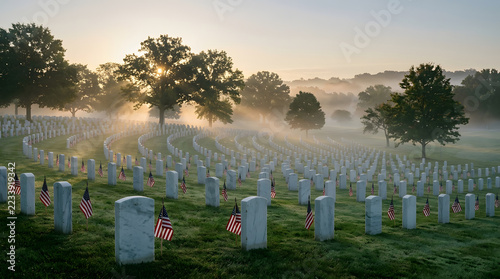 Memorial Day patriotic scene with American flags at military cemetery