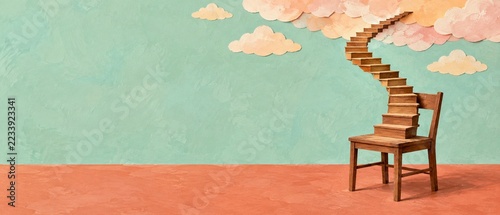 Wooden chair with a stairway leading into pastel clouds, an illustration on a textured teal background