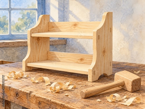 Watercolor illustration of an unfinished wooden shelf with wood mallet and shavings on a workbench