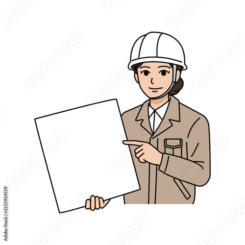 ヘルメットとベージュ作業着を着用してパネルや書類を指さし説明する女性上司イラスト