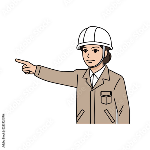 ヘルメットとベージュ作業着を着用して前方を指さし方向指示や案内をする女性上司イラスト