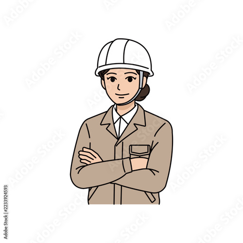 ヘルメットとベージュ作業着を着用して腕を組み自信を見せる女性上司イラスト