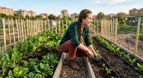 Smiling young woman planting fresh organic seedlings in an urban community garden during sunset, sustainable vegetable cultivation in a city environment with raised beds and leafy greens.