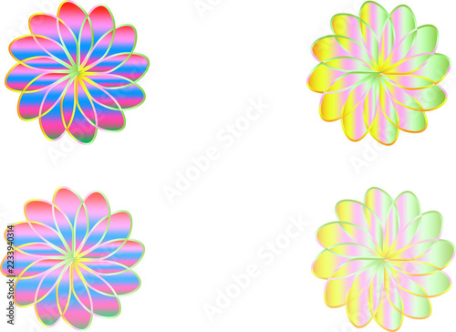 Modern abstract vector illustration featuring a set of colorful floral flowers with heart-shaped gradient petals isolated on a clean white backdrop.