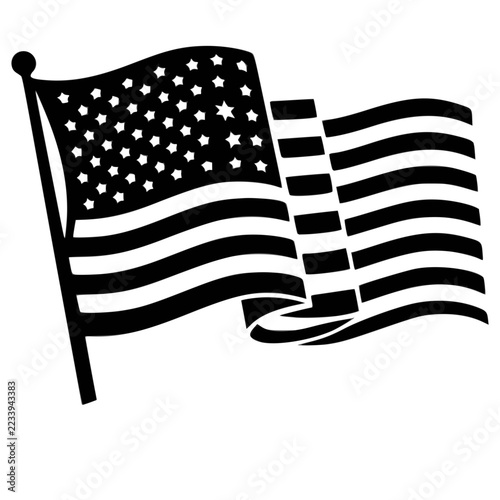 Black and white waving American flag on flagpole vector icon
