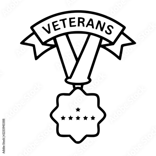 Black and white Veterans medal vector icon with ribbon
