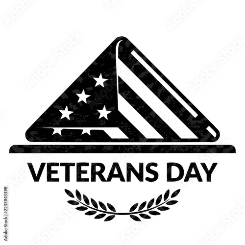 Black and white textured Veterans Day folded American flag vector emblem
