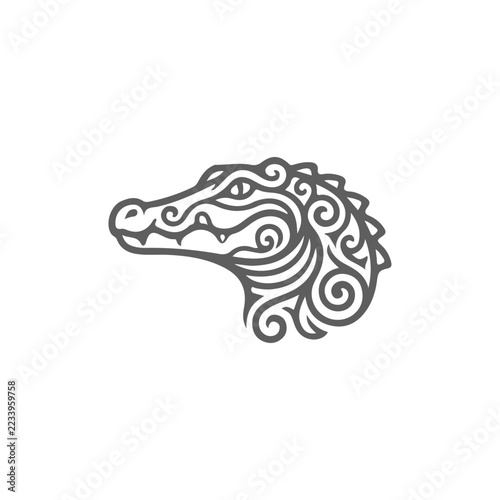 Ornamental Crocodile Head with Intricate Swirling Tribal Patterns