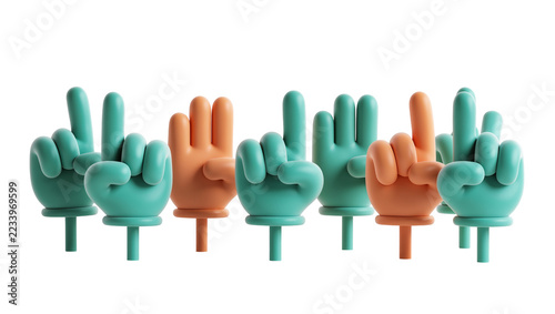 Isolated row of stylized colorful hand gestures with various finger signals, creative display