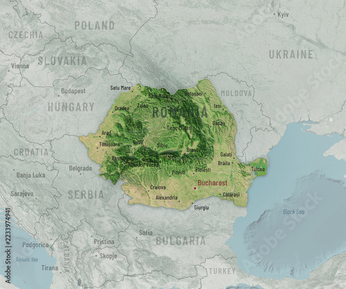 Obraz na plátně Romania atlas map with shaded relief, geographic labels and borders