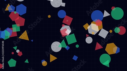 Geometric shapes floating and moving across a dark digital background with glowing translucent colors