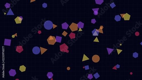 Geometric shapes floating and rotating across a dark background with a subtle grid pattern creating a abstract digital animation motion design background with colorful translucent polygons and circles