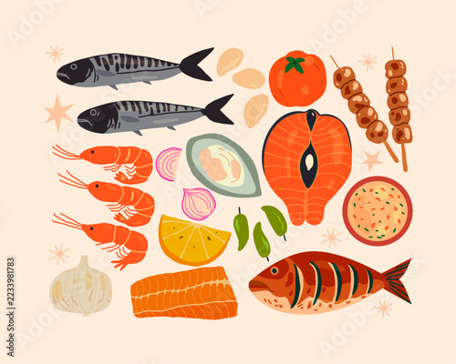 Colorful Arrangement of Fresh Seafood Including Fish, Shrimp, Oysters, and Vegetables
