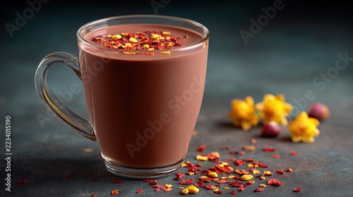 Spicy hot chocolate topped with chili flakes in glass mug across dark tabletop, copy space