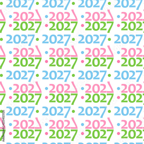 Seamless Pattern of colorful 2027 numbers like arrow and colorful dots New Year wrapping designs. Isolated Vector illustration for gift packaging, fabric print, greeting card or media post, stationery