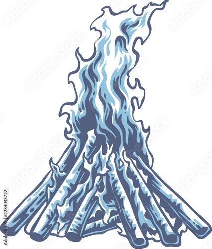 Stylized blue campfire with tall dancing flames rising above stacked wooden logs