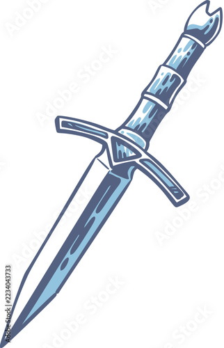 Stylized blue medieval dagger with sharp pointed blade