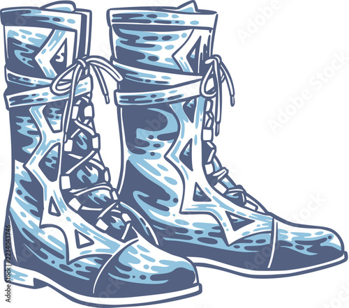 Stylized pair of blue lace-up boots with tall padded shafts