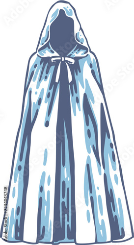 Stylized blue medieval hooded cloak with deep shadowed hood