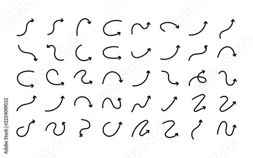 Curved Arrow Set. Thin black pointers with loops turns and wavy lines