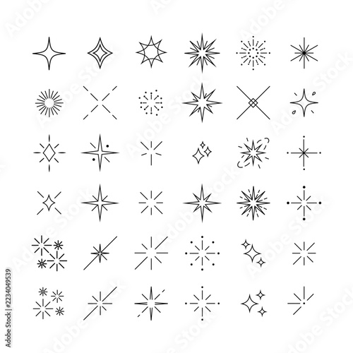 Sparkle Star Icons. Black line bursts and shine symbols for decoration