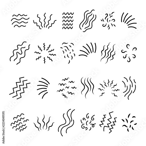 Doodle Motion Lines. Black wavy zigzag and radiant symbols for design