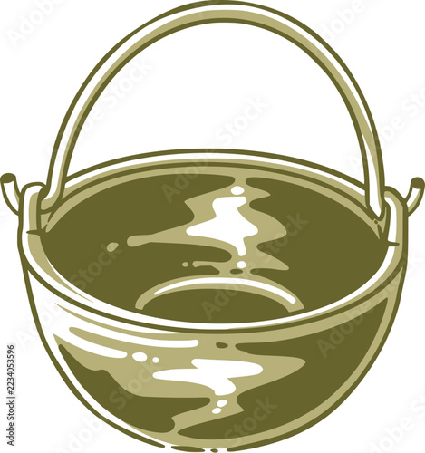 Stylized olive green metal cauldron with rounded bowl