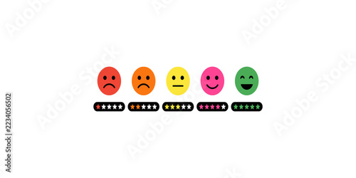Obraz na plátně Feedback rating scale with colorful face emoticons and star icons for customer service evaluation and user reviews