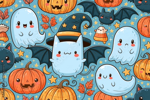 Cute Halloween Seamless Pattern with Playful Cats, Smiling Pumpkins and Whimsical Witch Hats