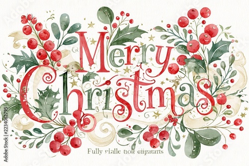 Elegant Watercolor Merry Christmas Typography Clipart with Decorative Holly, Red Berries and Gold Accents on White Background