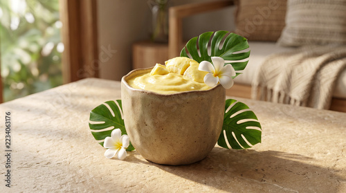 Tropical Coconut Drink With Yellow Beverage And Fresh Flowers On A Rustic Table In A Cozy Sunlit Interior With Monstera Leaves Creating A Relaxing Vacation Inspired Refreshment Scene