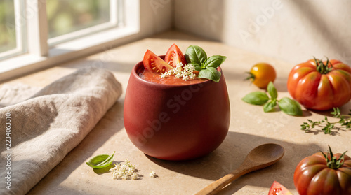 Rustic kitchen scene with fresh tomato salad in a red ceramic bowl ripe tomatoes leafy herbs wooden spoon linen towel and warm sunlight from a window creating a wholesome seasonal food setting