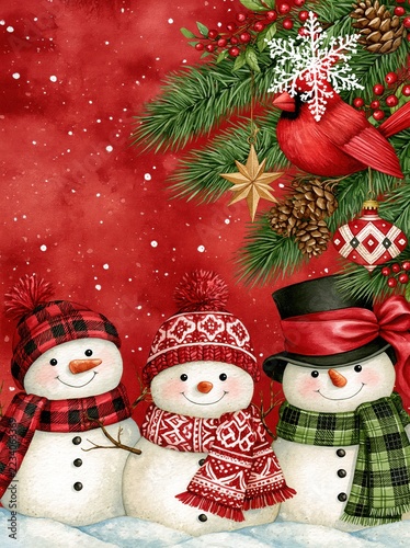 Festive Watercolor Christmas Snowmen with a Red Cardinal, Pine Branches and Falling Snow on a Vibrant Red Background