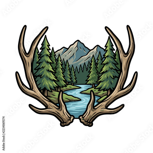 Deer antlers framing mountain river valley with pine forest, wildlife hunting and nature emblem illustration