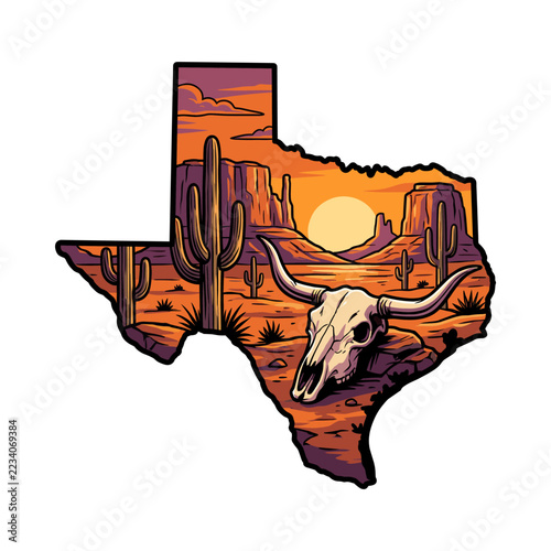 Texas state map silhouette filled with desert sunset, cactus, canyon mesas and longhorn skull, southwestern landscape sticker