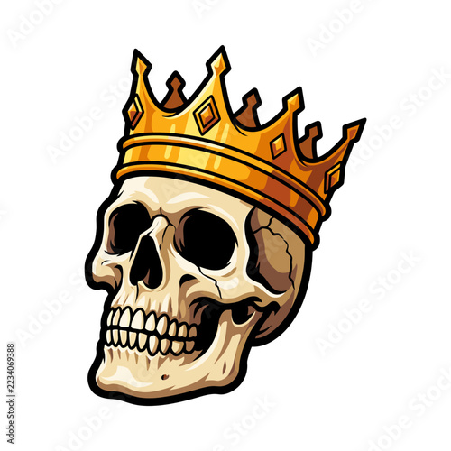Cracked human skull wearing golden king crown with jewels, royalty and dark fantasy illustration