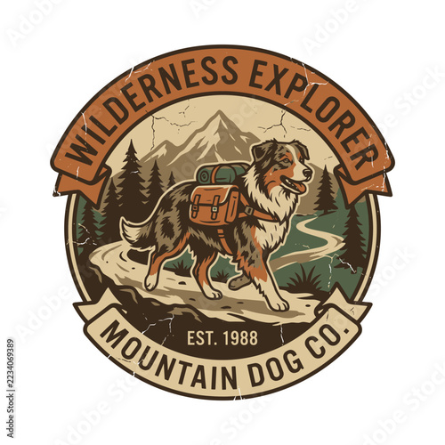 Vintage outdoor badge with Australian shepherd dog wearing backpack hiking on mountain trail inside round emblem with ribbon banner, adventure dog illustration